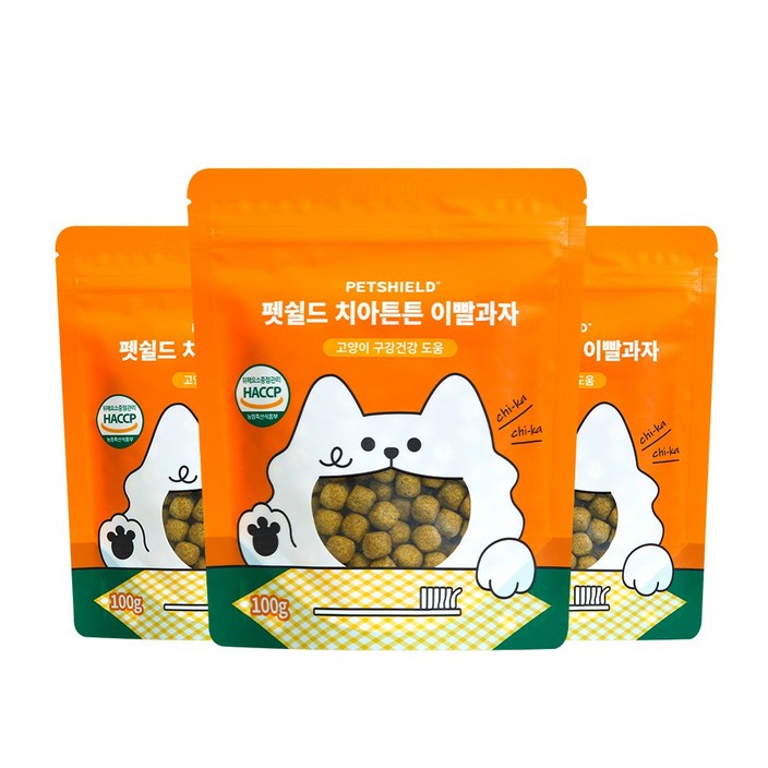 펫쉴드 고양이 덴탈 치아튼튼 이빨과자 치석 입냄새 제거, 3개, 100g, 닭고기맛
