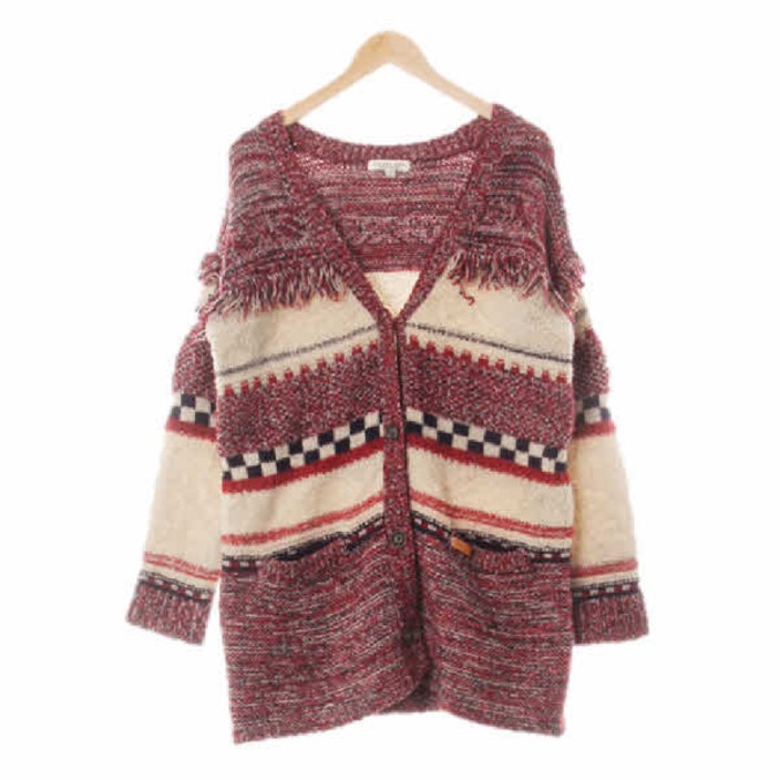 3360 ThursdayIsland 와인 체크스트라이프 울혼방 프린즈뜨개롱가디건 85160