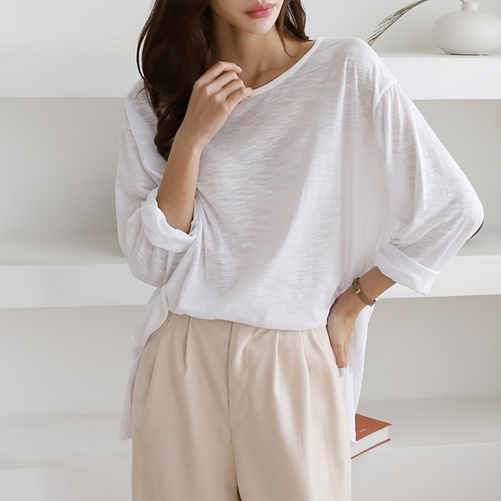 티탁 여성용 빅사이즈 루즈핏 보트 슬라브 롱 긴팔 티셔츠