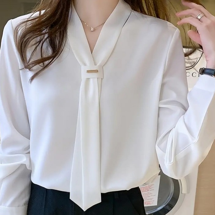 유니돈나 우아한 봄 가을 타이넥 쉬폰블라우스