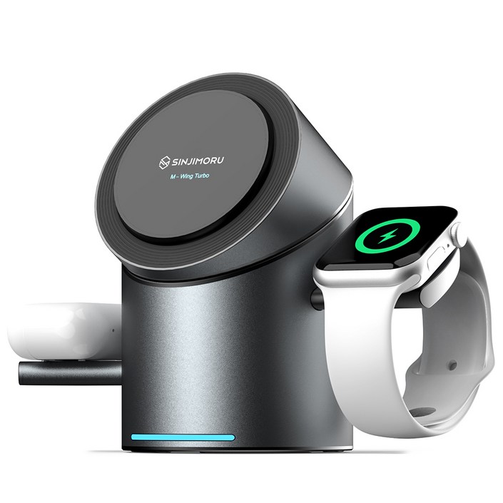 신지모루 Qi2 3in1 무선충전 맥세이프 M 윙 터보 애플 워치 거치대, 블랙메탈, 1개