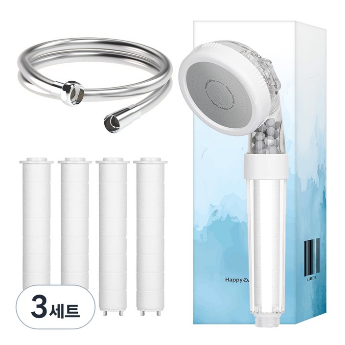 해피달링 3WAY 필터 샤워기  필터 4개  리플랜 샤워호스 2m 세트, 3세트, 모던실버