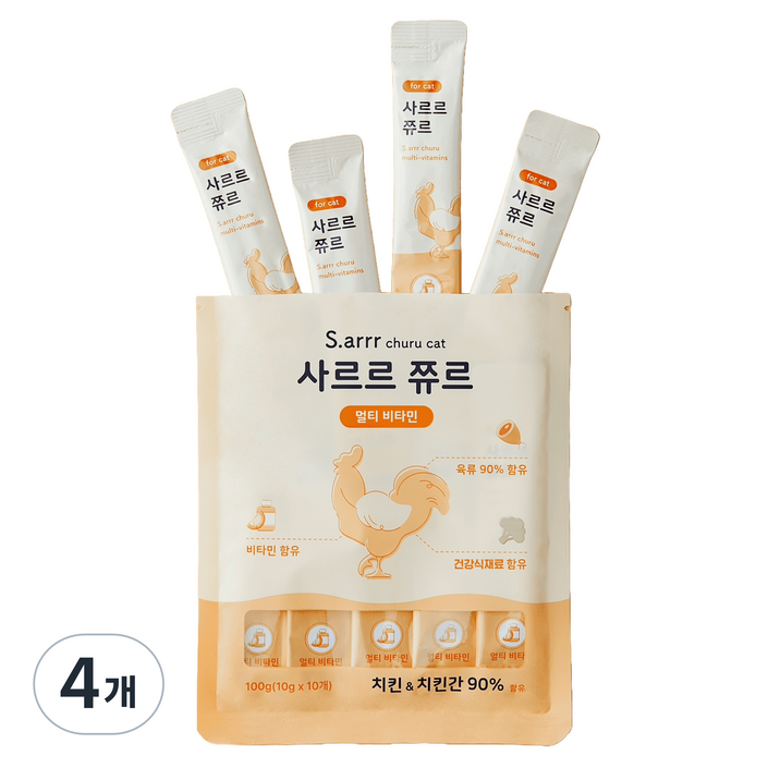 아르르 사르르 쮸르 짜먹는 고양이간식 멀티비타민, 치킨치킨간, 100g, 4개