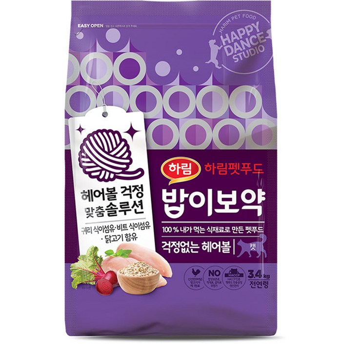 밥이보약 전연령 걱정없는 헤어볼 고양이 건식사료, 헤어볼 예방, 3.4kg, 1개 밥이보약 전연령 걱정없는 헤어볼 고양이 건식사료, 헤어볼 예방, 3.4kg, 1개