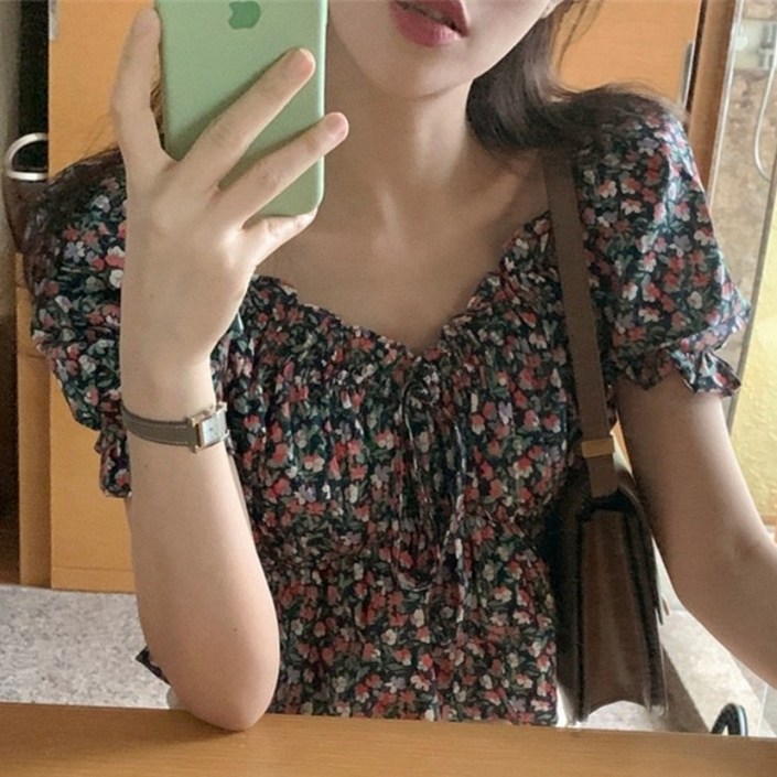 아이엠몽 여성용 아티키 플라워 리본 셔링 블라우스