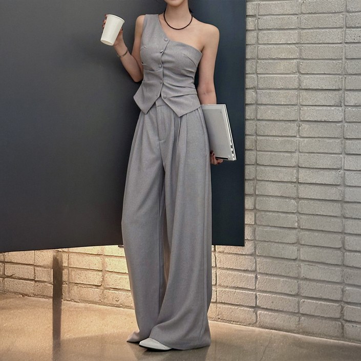 비비에모 여성용 여름 정장 다트렐 반 오프숄더 와이드 팬츠 세트10642