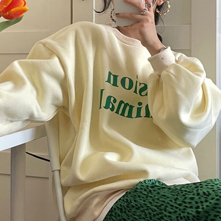 구디프 여성용 아방핏 레터링 라운드넥 오버사이즈 맨투맨