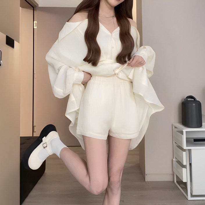 루나모드 오프숄더 디자인 여름용 블라우스 & 숏팬츠 내장 원피스 세트K0064