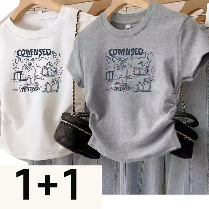 1+1 2장입 세트 정장 빅사이즈 반팔 티 여 신상 슬림핏 이너 언밸런스 톱 여름옷