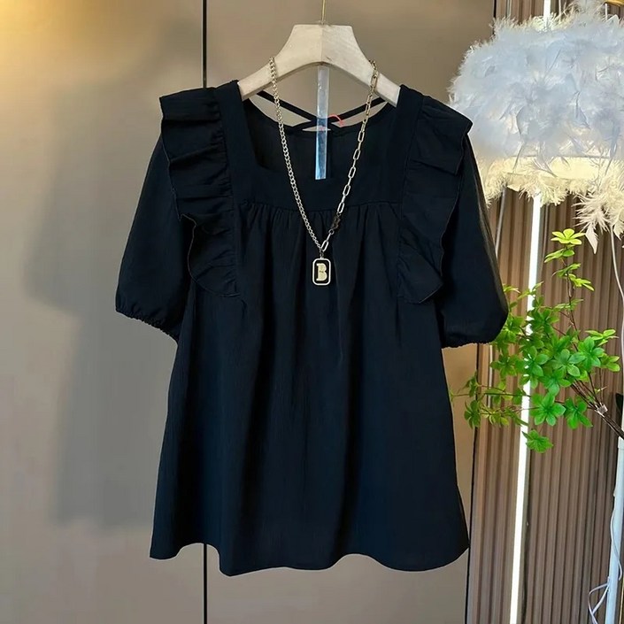 유니픽여성 여름 단색 러플 반팔 블라우스 스타일리시한 사각넥 디자인cjg