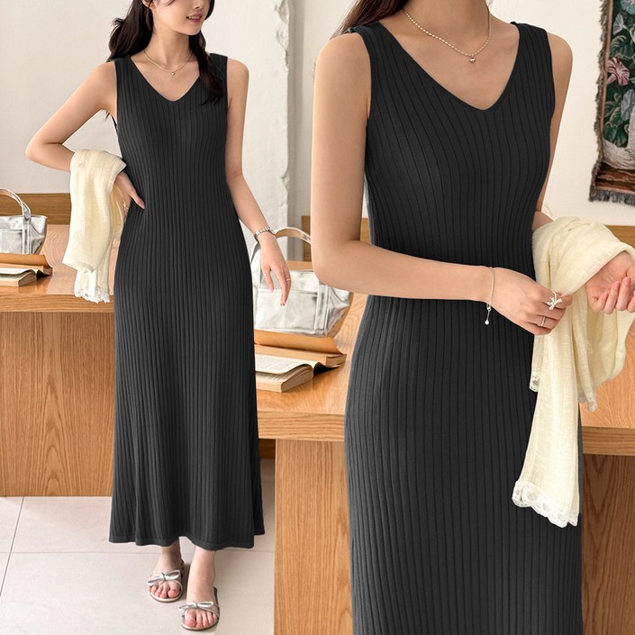 데일리앤 스완 차르르 쿨링 여름 니트 나시 원피스 브이넥 골지 이너 민소매 휴양지 롱원피스