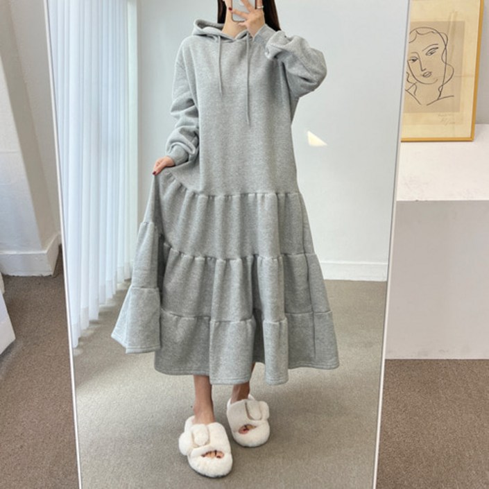 무배 러블리 기모 후드 캉캉 티어드 오버핏 롱 원피스 4color