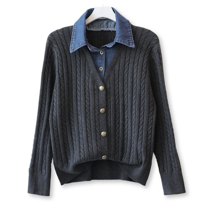 메리앤유 청 데님 셔츠 카라 레이어드 케이블 니트 가디건