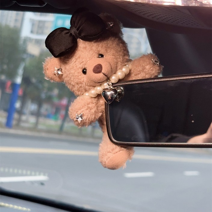 귀여운 곰돌이 자동차 룸미러 커버 악세사리, 1개, 블랙 리본 & 진주 목걸이 곰
