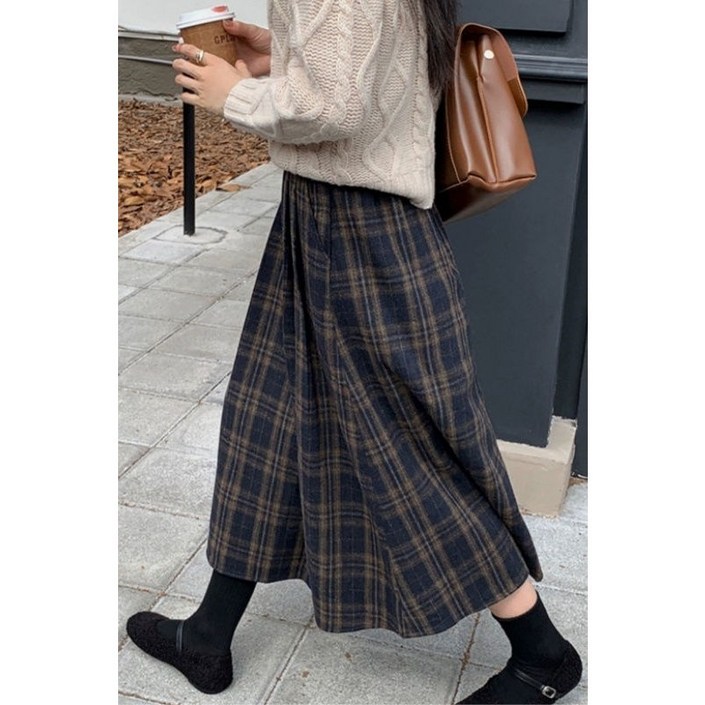 패션 여성 롱 스커트 롱 체크 울 스커트 레트로 스타일 편안한 디자인 JS