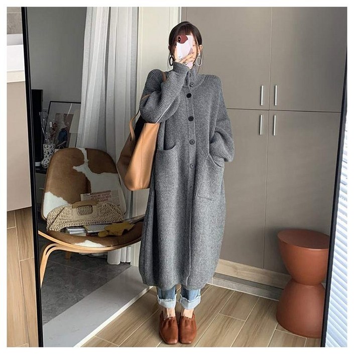 Kdragon 여성 터틀넥 골지 미디 니트 가디건 루즈핏 데일리 캐주얼 아우터