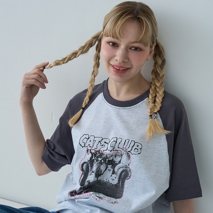 캣클럽 래글런 반팔 티셔츠 화이트멜란지