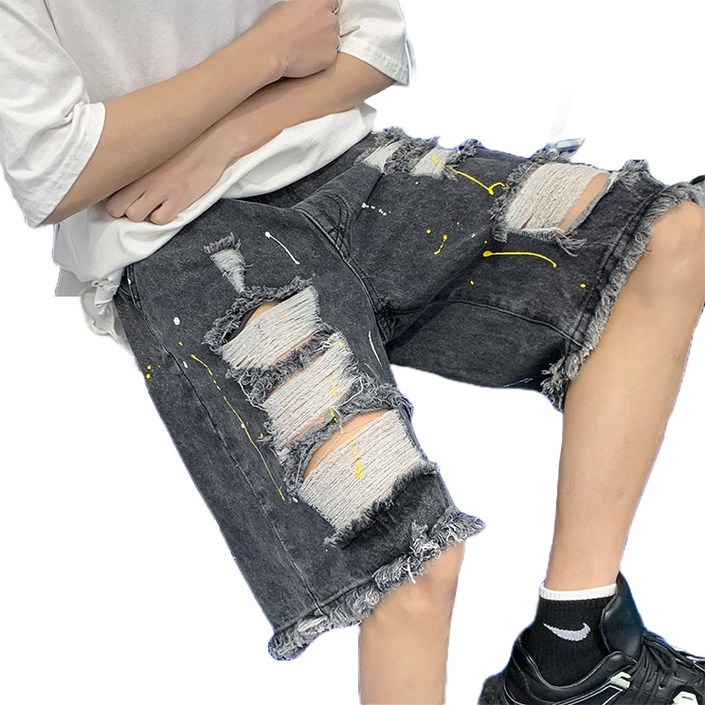 킹앤조이 페인팅 디스트로이드 밴딩 데님 5부 팬츠