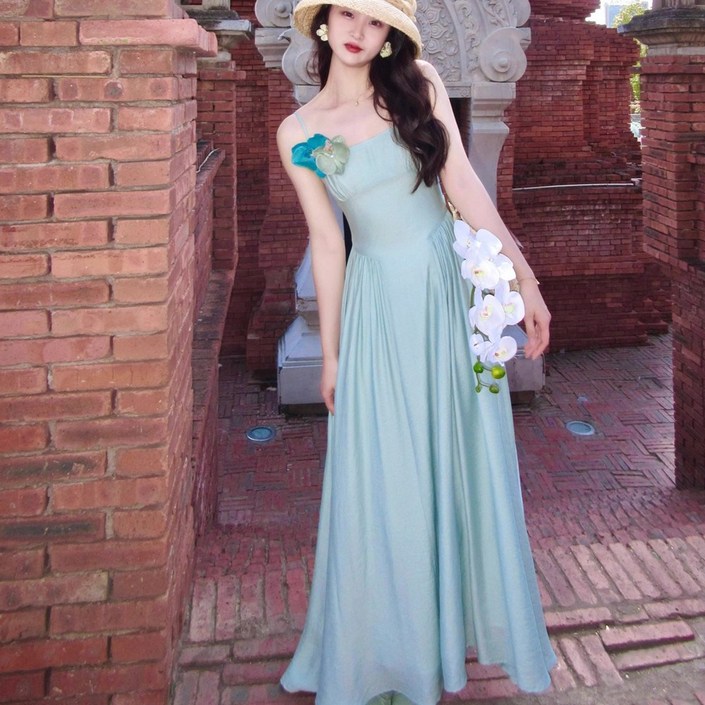 홍언목요 여성 롱원피스 끈나시 원피스 여름 무지 바캉스룩 비치웨어