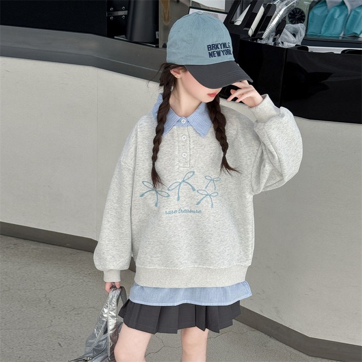 키즈목마 여아용 신상 셔츠레이어드 리본자수 카라맨투맨  초등여아 주니어 봄 가을 데일리룩 702