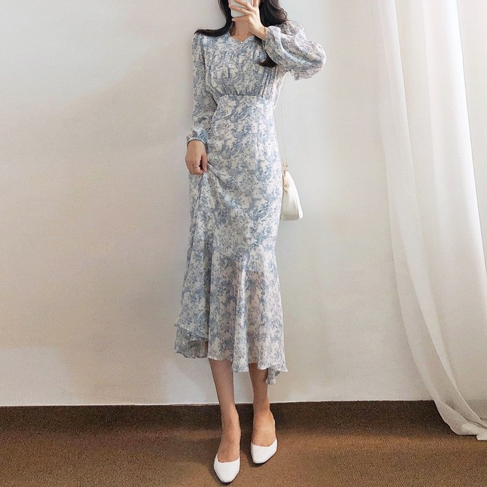 요시아나 당일발송 은은한 베르트랑 플라워 셔링 쉬폰 롱원피스 2컬러