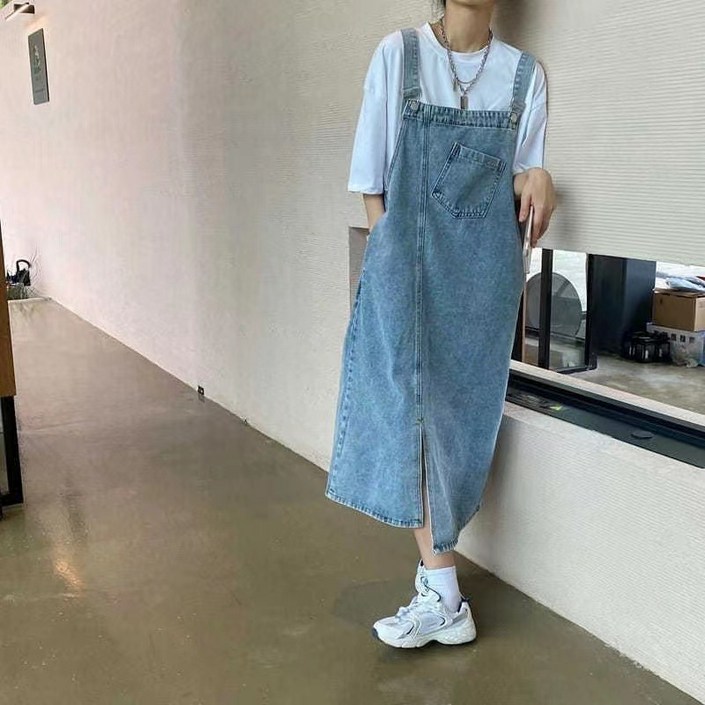 여성용 빅 사이즈 루즈핏 데님 멜빵 스커트