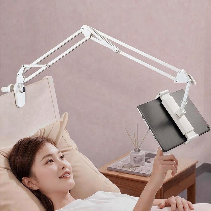 SOTCAR 침대형 태블릿 핸드폰 거치대 강화형 + 집게 고무패드 베이스 아이패드/갤럭시탭/삼성 갤럭시 핸드폰 거치대, 흰색, 1개