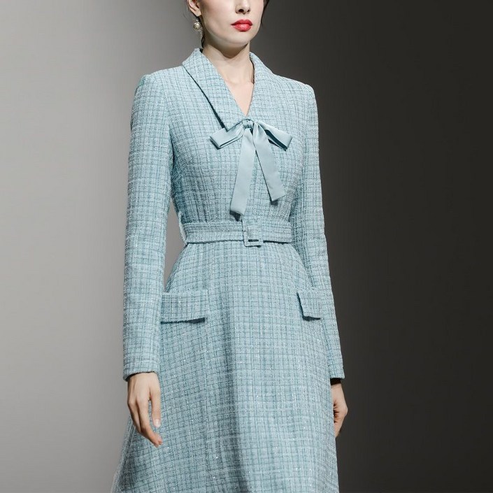 여성 겨울 긴팔 모직 롱원피스 여성 트위드 슬림핏 정장 원피스 패션 스타일 LCL