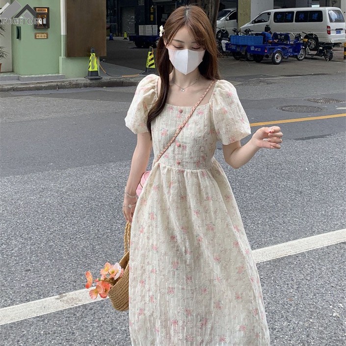 POMTOR 여름 롱원피스 반팔 플라워 퍼프  러블리 원피스