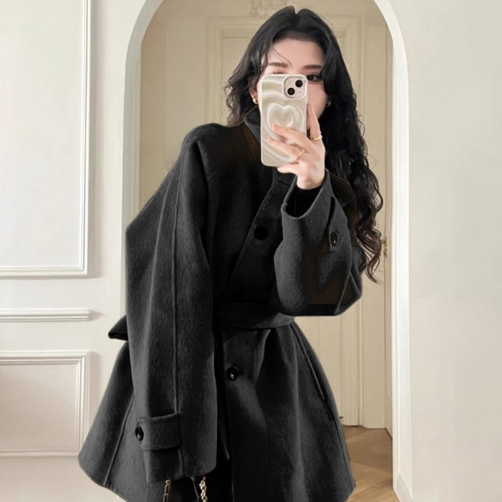 슈퍼인 여성 하이넥 벨트 울코트 A라인 플레어 따뜻한 모직코트