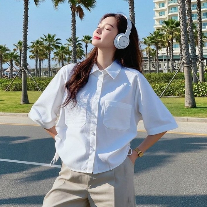 상상그이상 여성용 스트링 남방 단정한 카라넥 데일리 면셔츠 가볍고 시원한 아웃포켓 셔츠