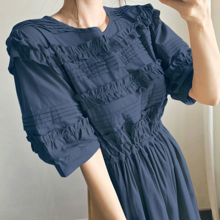 요시아나 당일발송 프랑수와 프릴장식 핀턱 허리 스트링 퍼프소매 롱원피스 2컬러