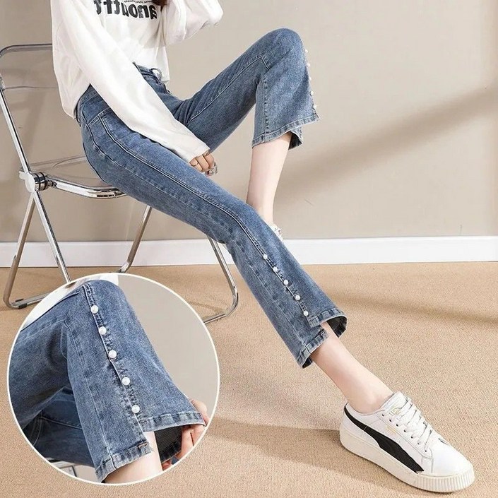 AOKADA 여성 부츠컷 일자 여름 9부 청바지 스판 데님 팬츠 옆트임 진주