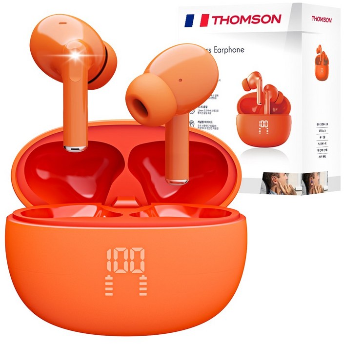 프랑스 톰슨 ENC 노이즈 캔슬링 LED 블루투스 6.0 이어폰 무선 방수, 오렌지 TBE201O