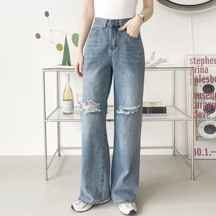 바비팩토리 여성용 데님 일자 와이드 워싱 헤짐 청바지 팬츠 디스트로이드진 찢어진 청바지