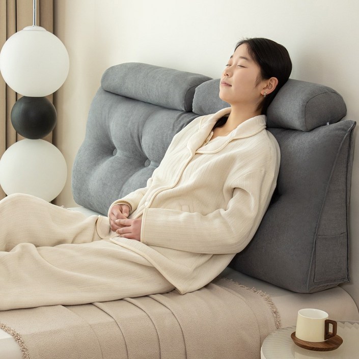 Jeernare 대형 삼각 침대 등받이쿠션 침대 헤드쿠션 쇼파 쿠션 허리 등쿠션+베개 2개 빵빵한 솜중량, 그레이