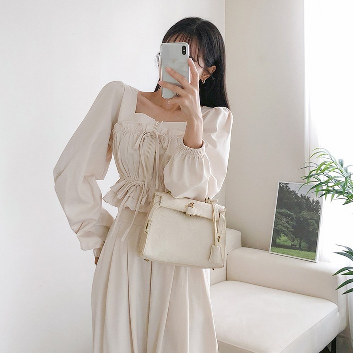 요시아나 [당일발송] 벨린다 셔링 리본 집업 숏자켓 와이드 롱팬츠 투피스 세트 2컬러