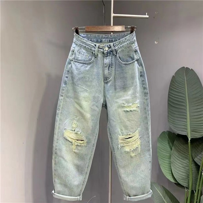 여성용여름 신상 개성 넘치는 찢청바지 키 작은 와이드핏 대디팬츠