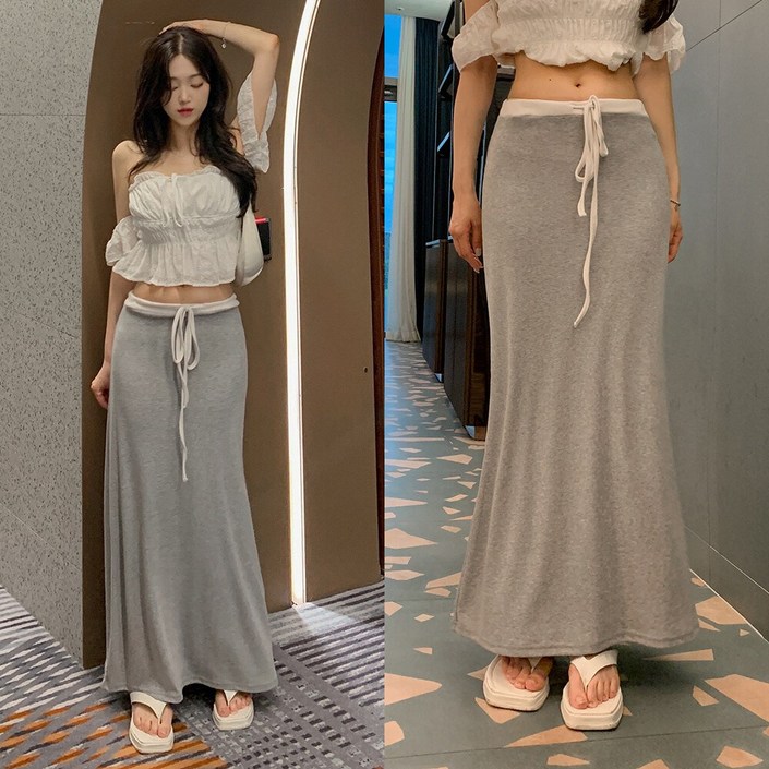 워너비뮤즈   숏롱 로우라이즈 배색 트레이닝 맥시 스커트