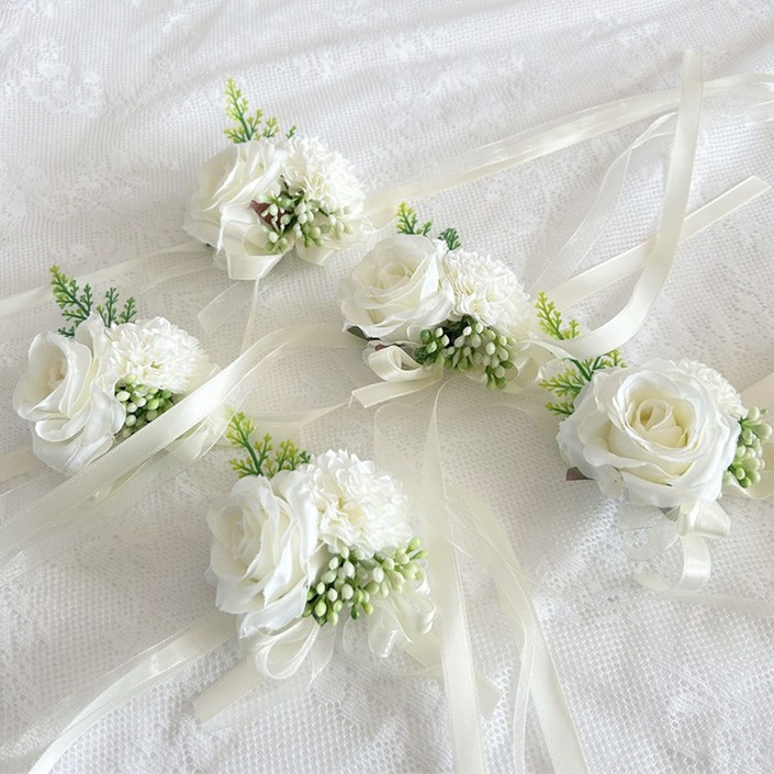 브라이덜샤워 꽃팔찌 장미 셀프웨딩 파티용품 조화, 4개, 화이트