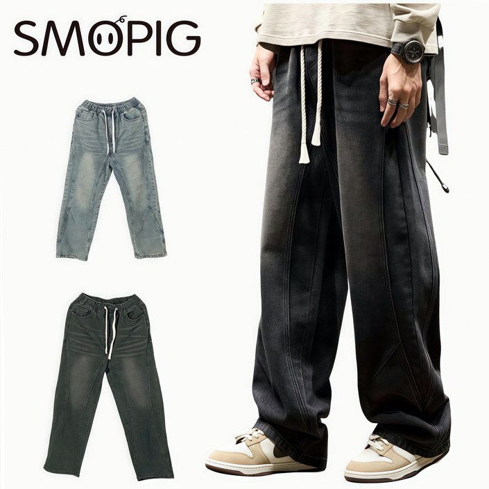 SMOPIG 남성용 와이드 청바지 사계절 밴딩 남자청바지 SMOPIG 남성용 와이드 청바지 사계절 밴딩 남자청바지