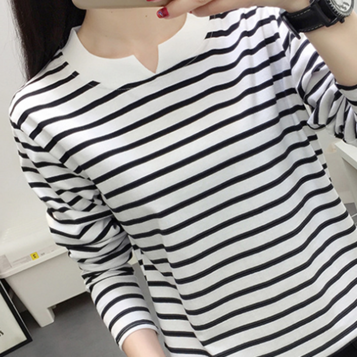 로렌미 브이 트임 스트라이프 긴팔 티셔츠 S250801FW7