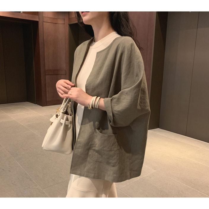 이유무무 NQ194 여성 루즈핏 빈티지 심플 7부 소매 면 마 자켓