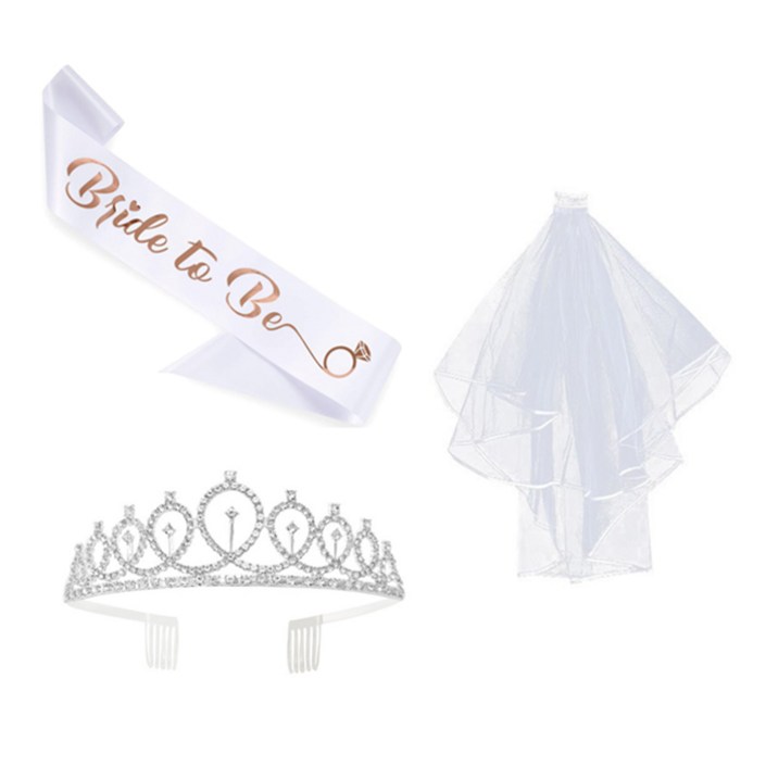 셀프 웨딩 브라이덜샤워 파티 헤어 악세사리 소품 면사포 티아라 어깨띠 3종세트, 면사포티아라어깨띠 3종