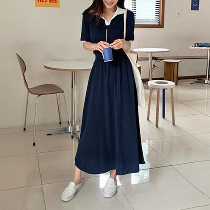 여성 오픈 카라 배색 밴딩 롱원피스