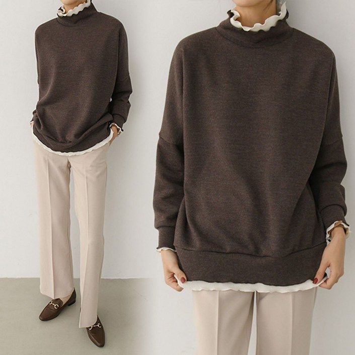 아이우먼 여자 빅사이즈 프릴 니트 맨투맨 카라 밑단 소매 레이어드 스판 폴라 티셔츠 66120 size 여성큰옷