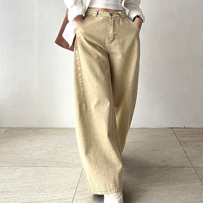 네모엔룩 미들핀턱와이드 여성용 입체 볼륨 핀턱 루즈핏 워시드 라이트컬러 코튼데님 뒷밴딩 와이드 면 데님 팬츠