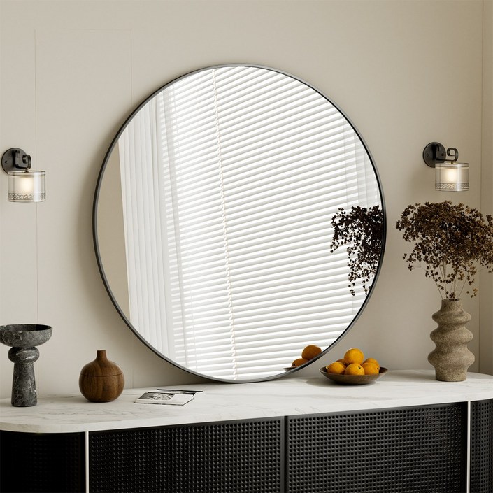 뷰티피크 화장대 거울 원형 벽걸이형 욕실거울, 블랙50cm