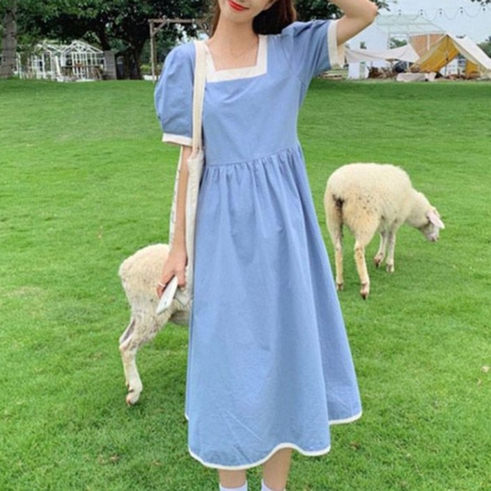 쁘띠꼬모 여성 반팔 원피스 슬림 스퀘어넥 리본 미디 스커트