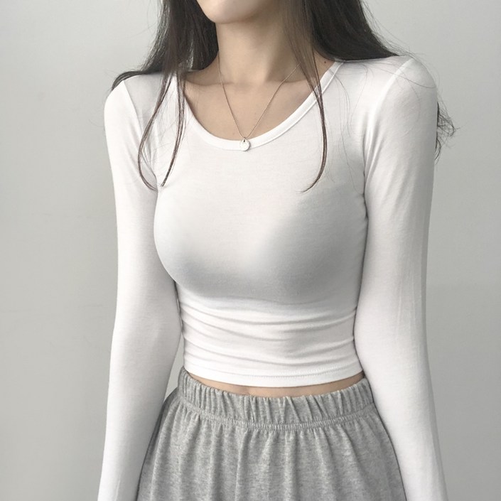 리리의감각 11할인 여성 쫀쫀 스판 크롭 슬림핏 긴팔 티셔츠